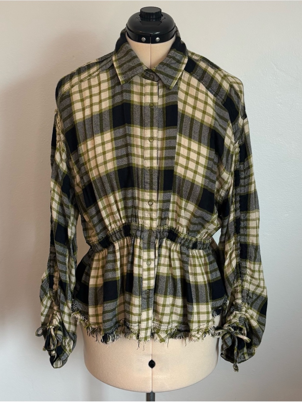 We The Free Pacific Dawn Plaid Buttondown, Distressed Flannel, Green Tan Navy, S